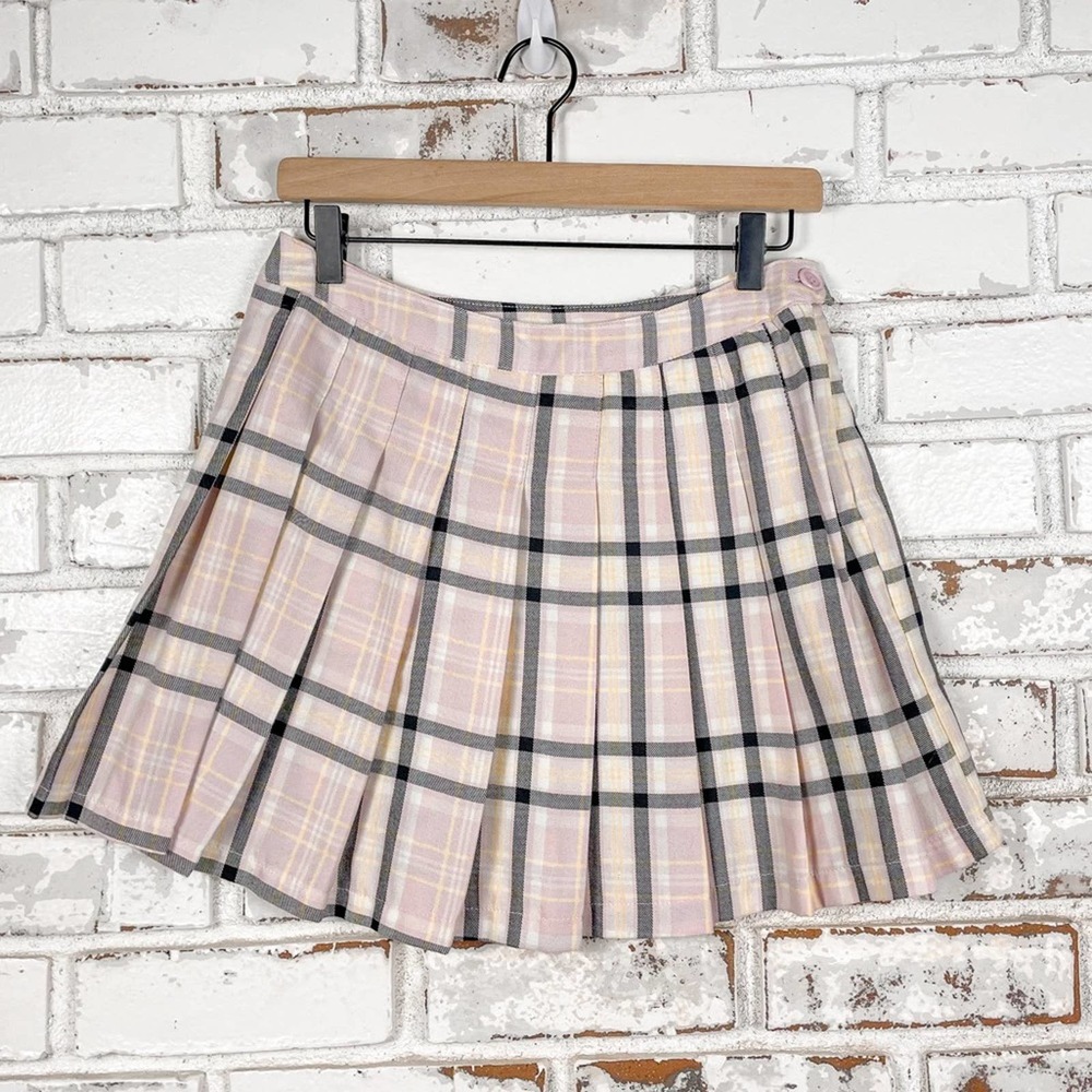 Faded Rose Plaid Pink and Yellow Pleated Mini Academia Skirt